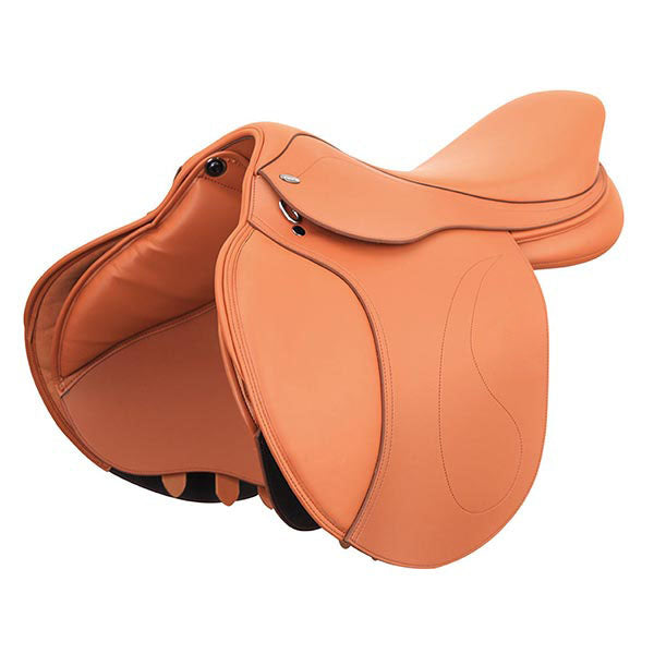 Orange-tan saddle with smooth forward-cut flap, curved seat and dark underside