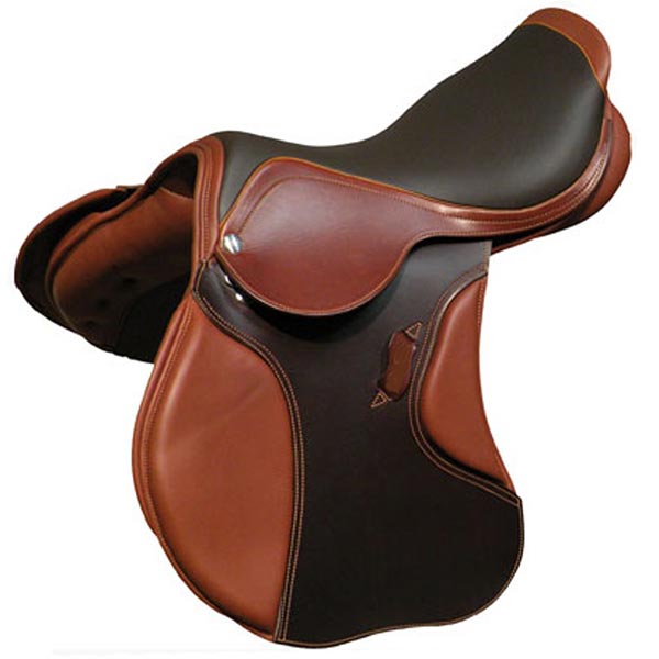 Two-tone tan-brown and black saddle with round knee panel, dark seat and small tab