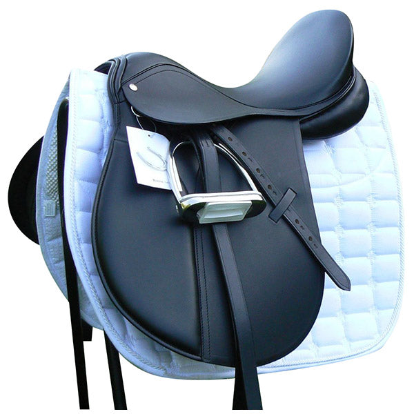 Black saddle on white quilted pad with stirrup iron and white hang tag