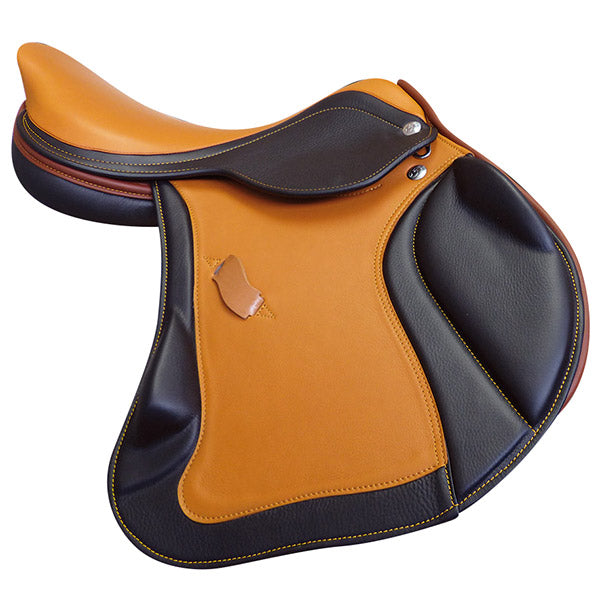 Two-tone orange-tan and dark brown saddle with yellow stitching and dished seat