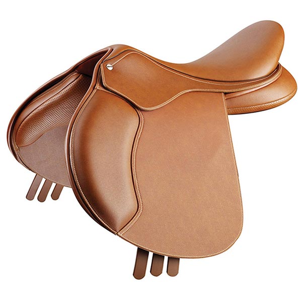 Tan saddle with forward-cut flap, stitched panel, dished seat and three girth straps