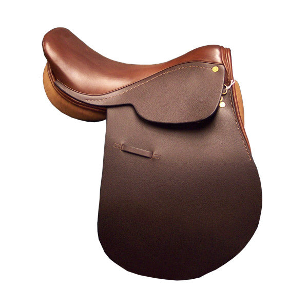 Brown saddle with glossy seat, pale flap panel, gold-coloured studs and tan roll