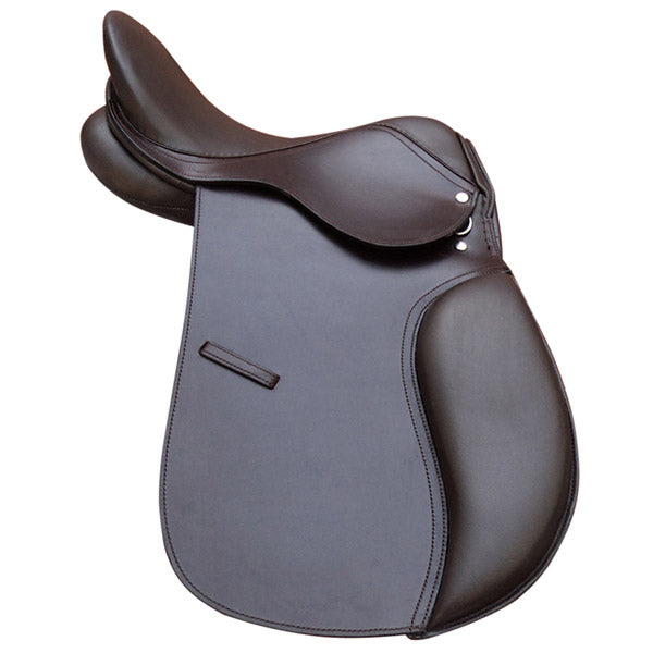 Dark brown saddle with smooth straight flap, large knee roll and cantle strap