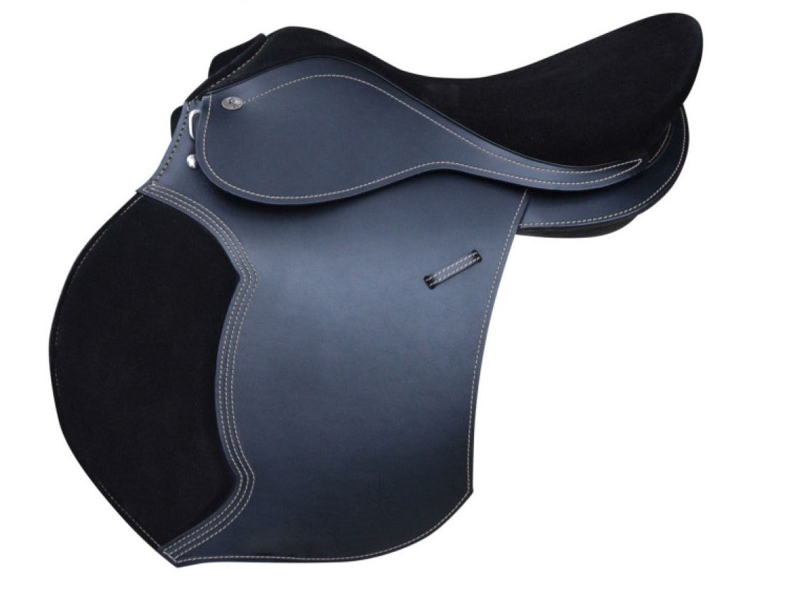 Navy saddle with black suede-look back panel, pale stitching and navy seat