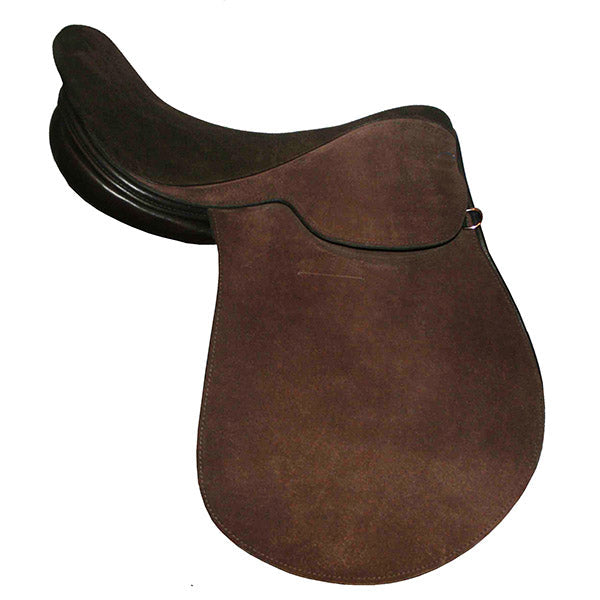 Brown suede-look saddle with dark seat, long straight flap and edge trim