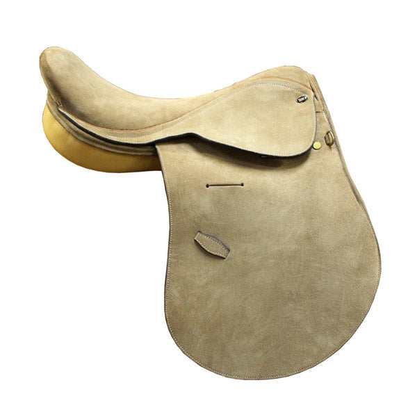 Sand-beige suede-look saddle with long flap, yellow roll and small patch