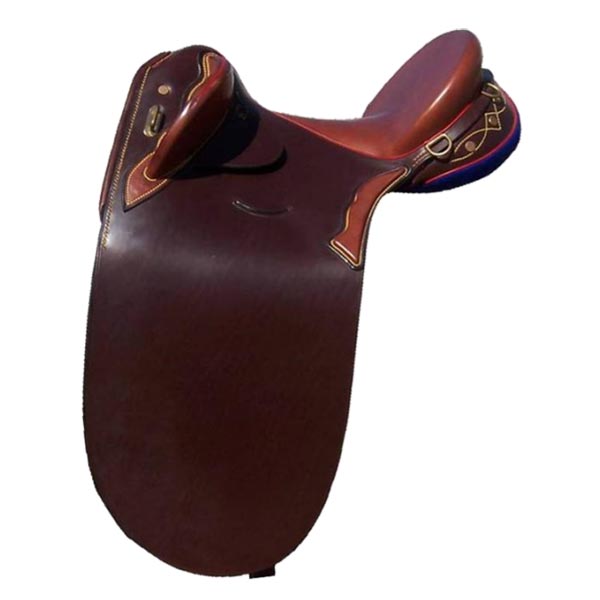 Burgundy-brown saddle with patterned trim, red-brown seat and blue underside panel Main image