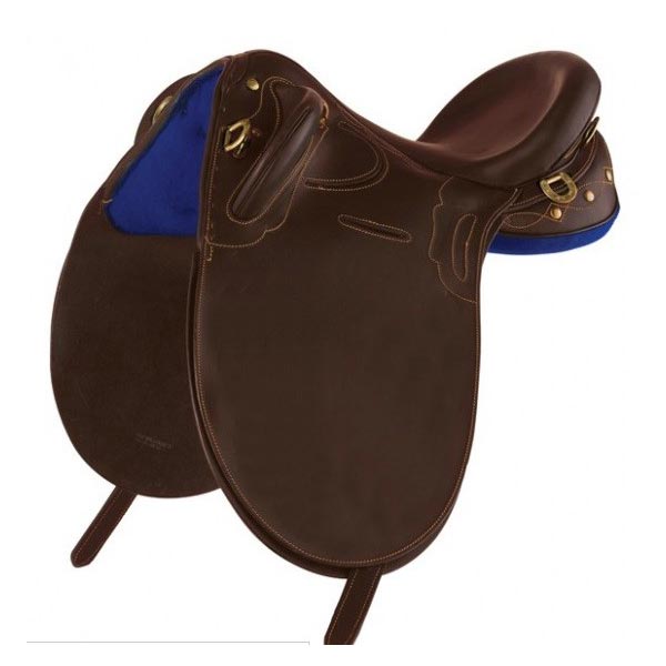 Dark brown saddle with stitched flaps, brass fittings and royal blue underside panel