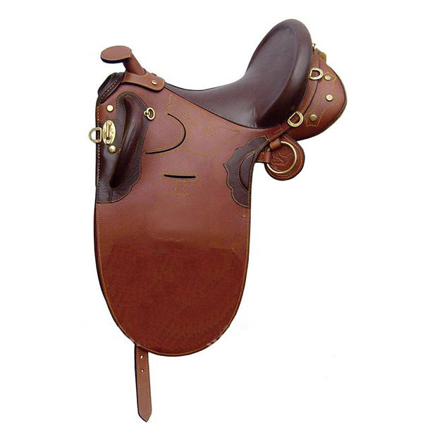 Red-brown saddle with dark brown seat, brass fittings, front horn and side ring
