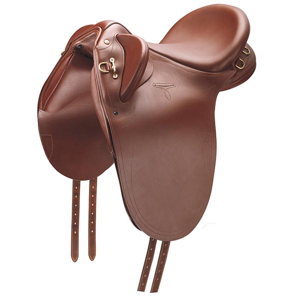 Tan saddle with deep seat, padded knee blocks, brass D-rings and girth straps