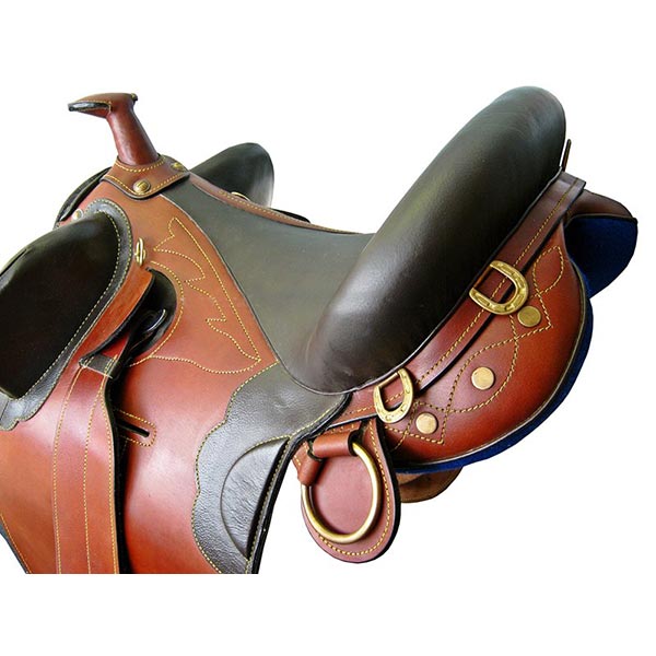 Close-up of red-brown saddle with black seat, black trim, gold rings and raised pommel