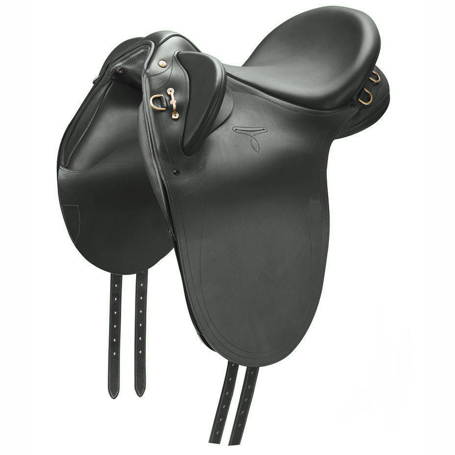 Charcoal saddle with deep seat, padded knee blocks, brass D-rings and girth straps Main image