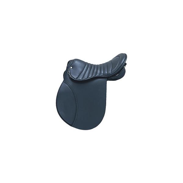 Slate-blue saddle with channel-quilted padded seat and rounded flaps
