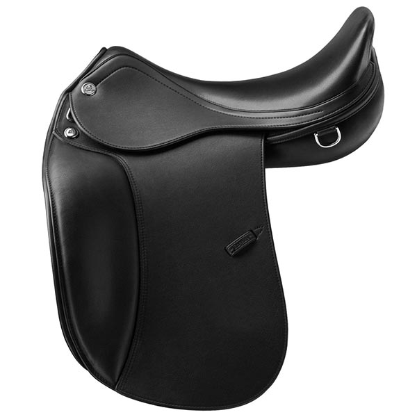 Black deep-seat saddle with long straight flaps, D-ring and small round badge