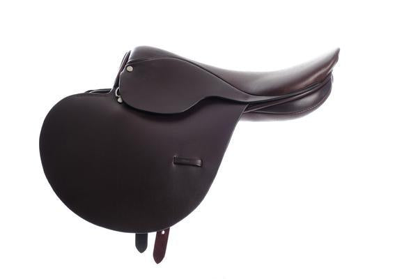 Dark brown low-seat saddle with rounded flap and short straps
