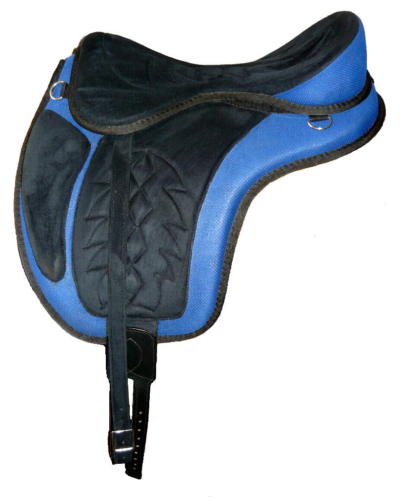 Blue and black saddle with suede-look seat, raised cantle and girth straps