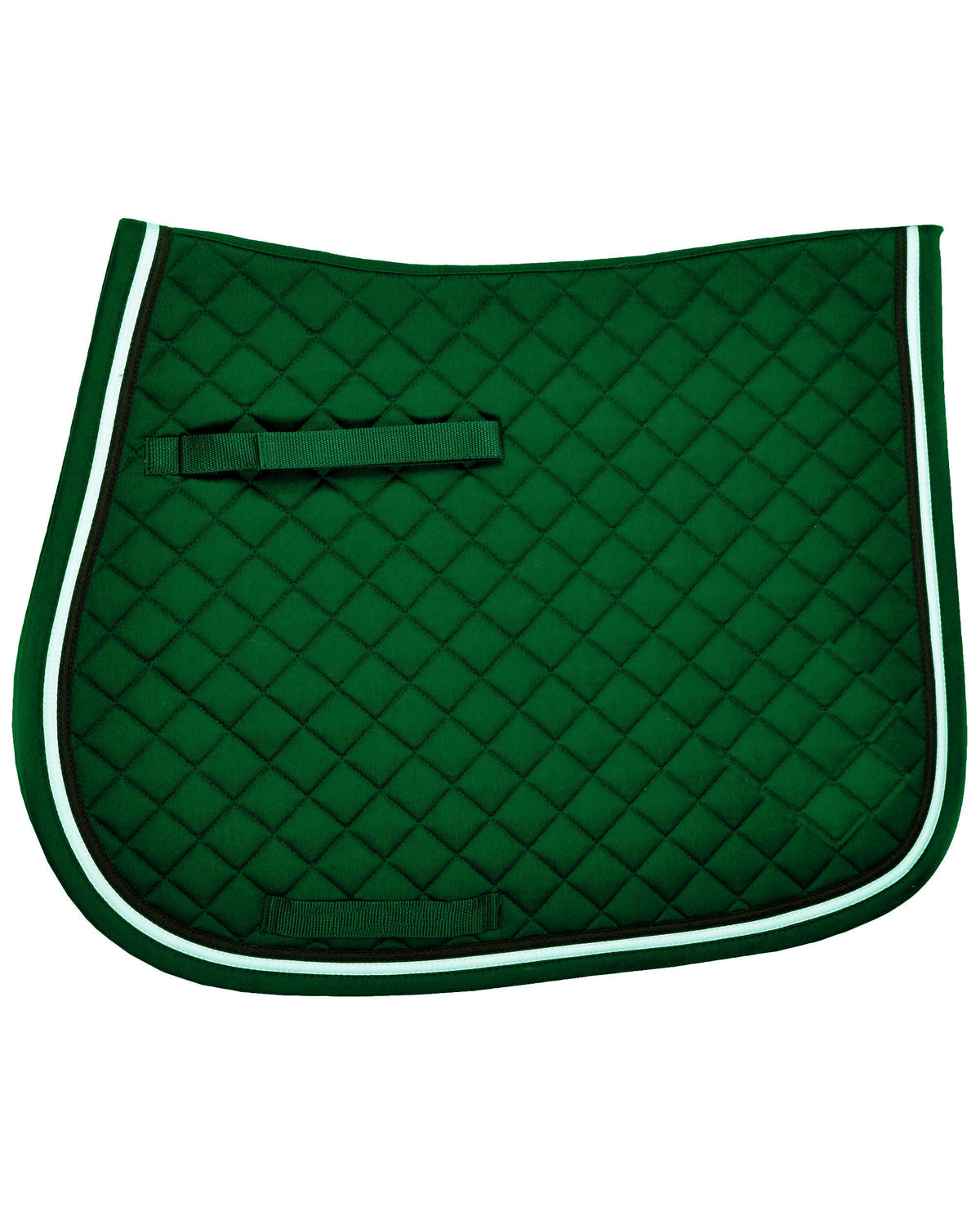 Green diamond-quilted saddle pad with white piping and dark green strap loops