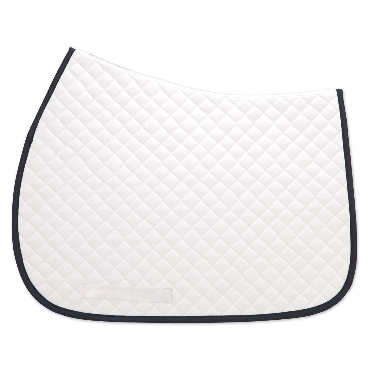 White diamond-quilted saddle pad with thin navy binding and curved shape