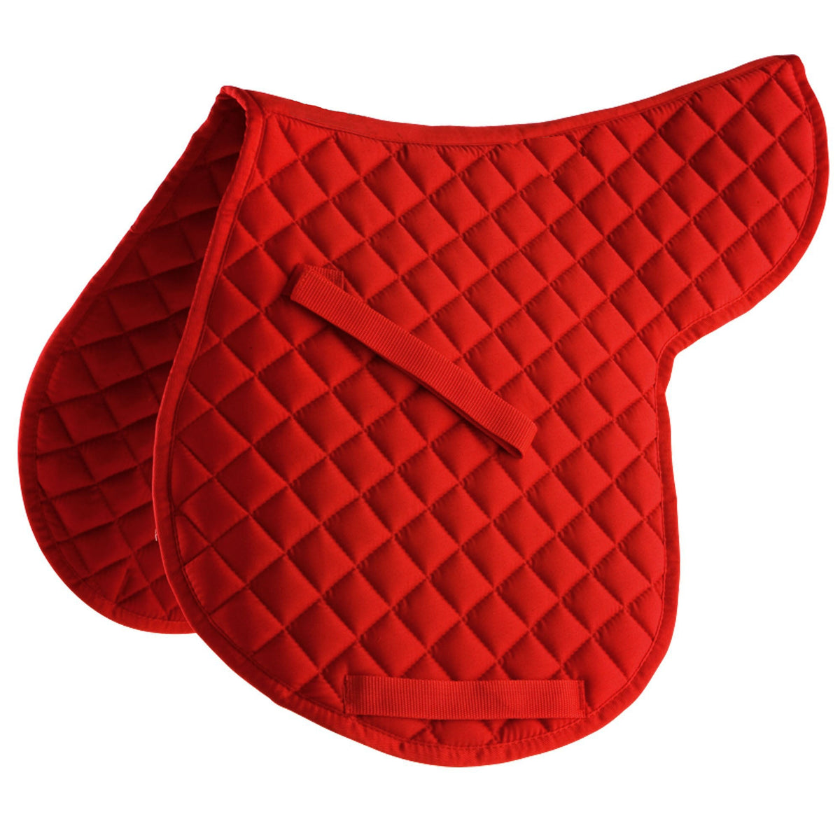 Bright red diamond-quilted saddle pad with matching binding and central strap