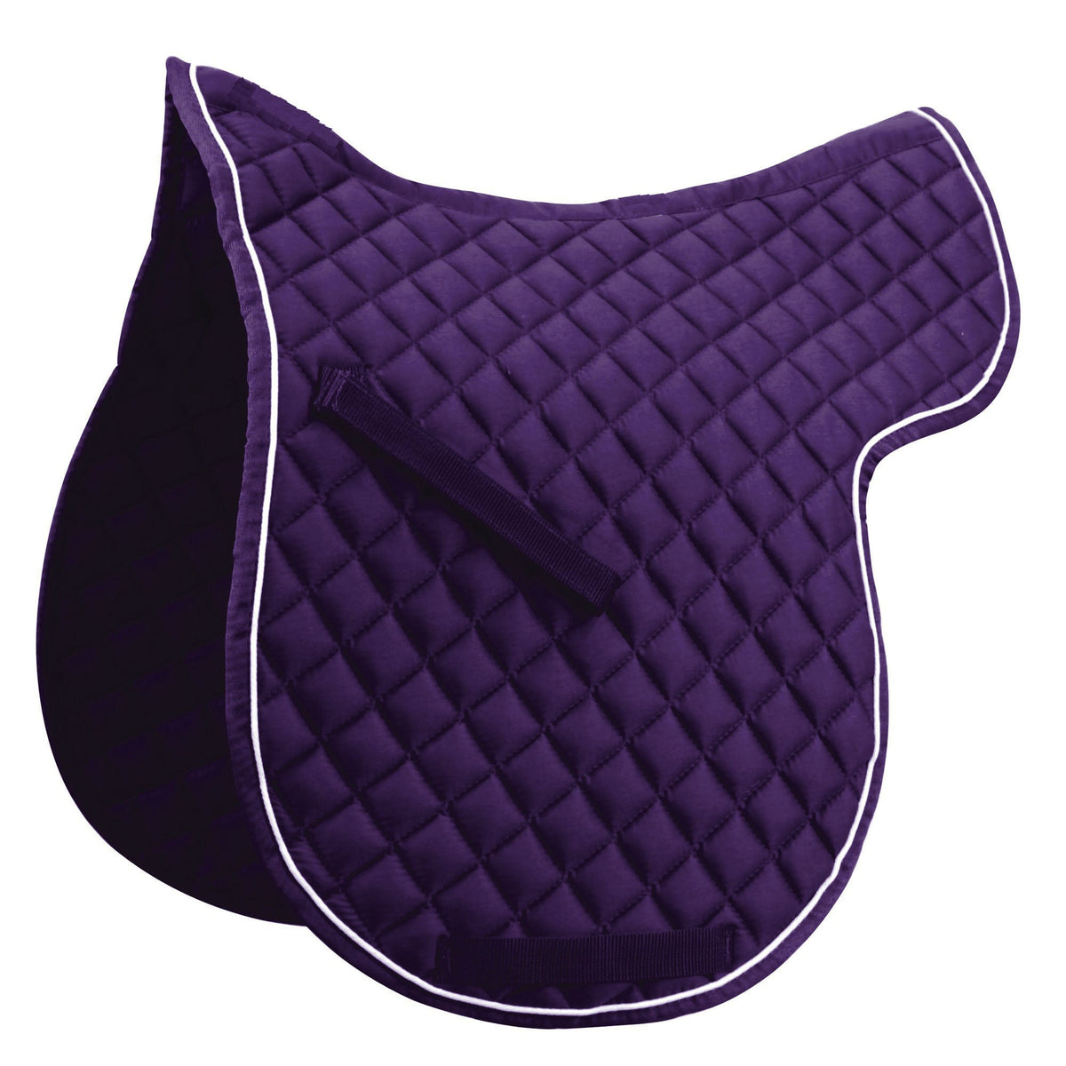 Deep purple diamond-quilted saddle pad with white piping and high wither cut-out