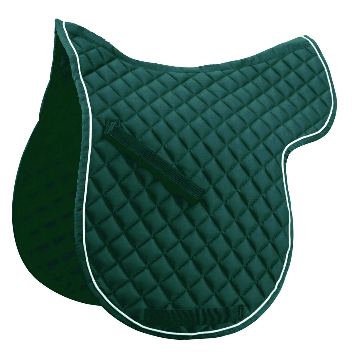 Dark green diamond-quilted saddle pad with white piping and high wither cut-out