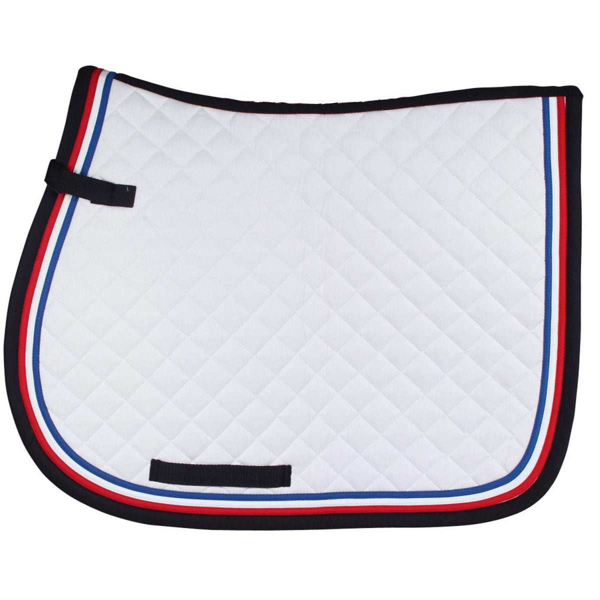 White diamond-quilted saddle pad with red, white and blue piping and black binding