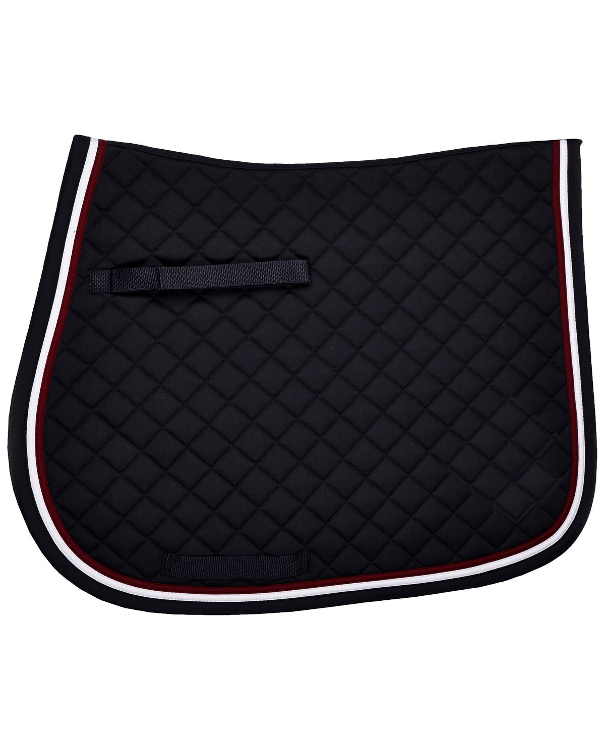Black fine diamond-quilted saddle pad with white and red piping and strap loops
