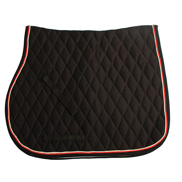 Black diamond-quilted saddle pad with red and white double piping and strap loops