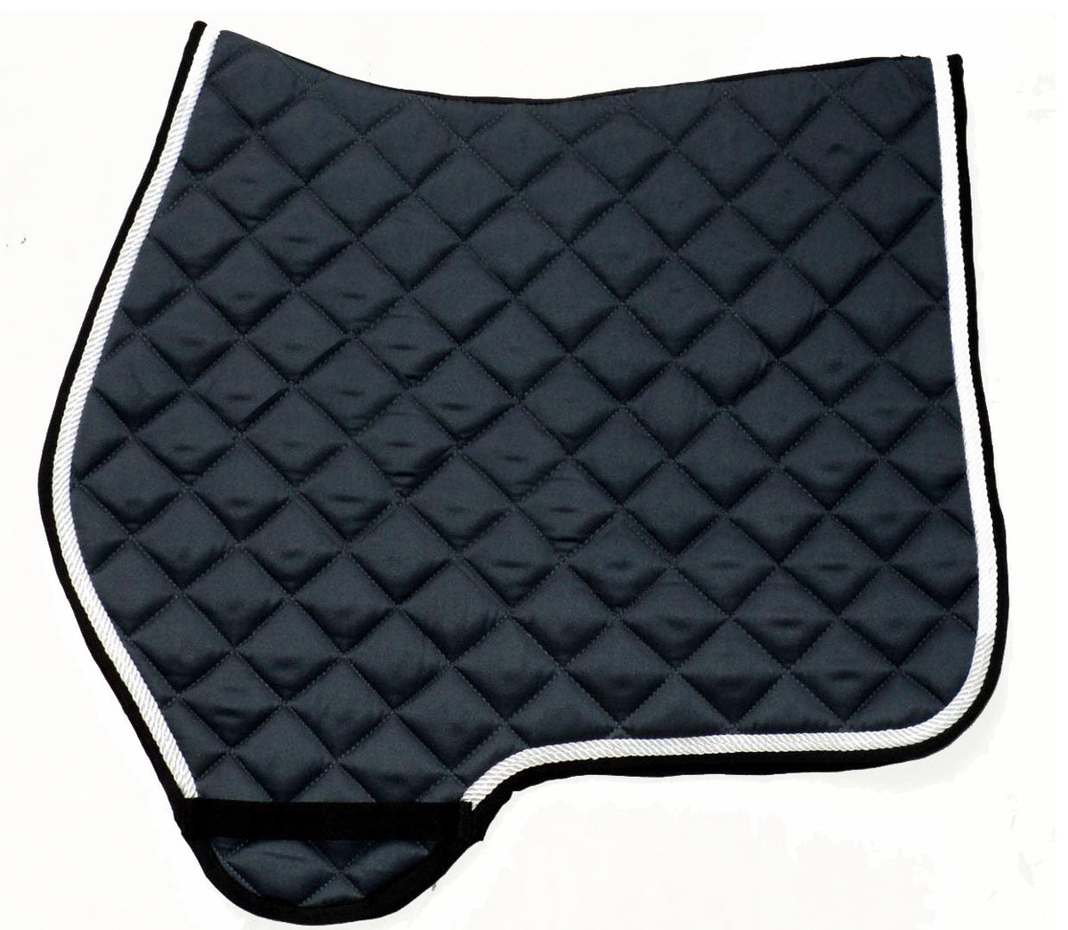 Slate-grey diamond-quilted saddle pad with white piping, black binding and shaped back