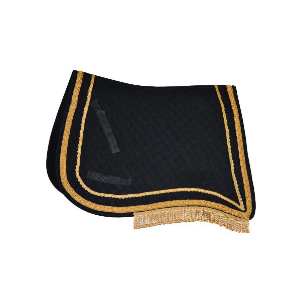 Black quilted saddle pad with double gold braid edge and gold fringe