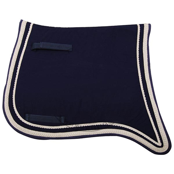 Navy saddle pad with wide double cream braided edge and black strap loops
