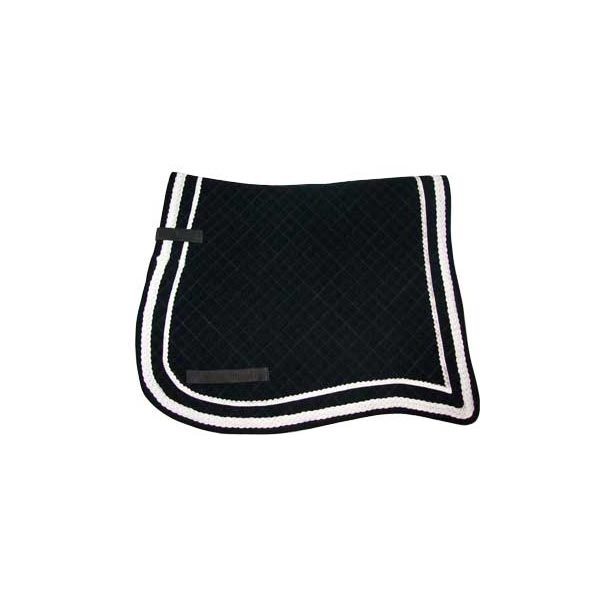 Dark green lightly quilted saddle pad with double white braid edge and black strap loops
