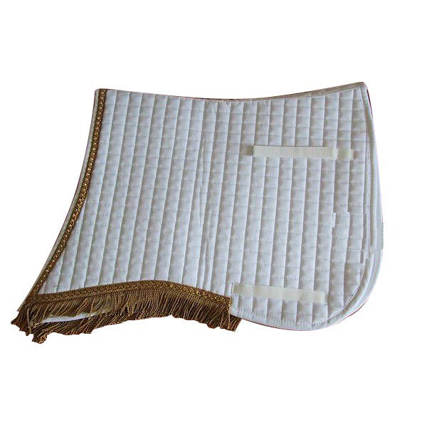 White vertically quilted saddle pad with brown braid edge and tasselled fringe