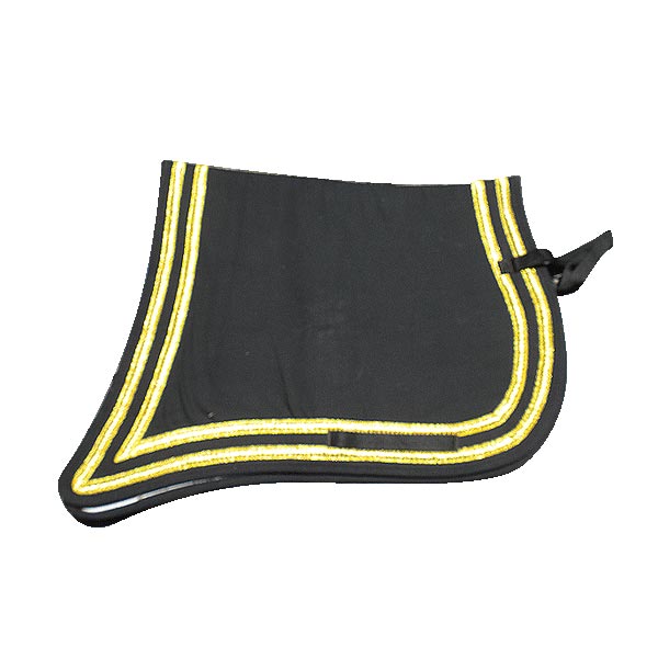 Black curved saddle pad with triple gold-yellow braid trim and back strap