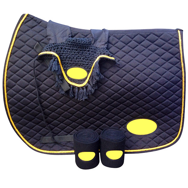 Navy quilted saddle pad set with yellow piping, ear bonnet and rolled bandages