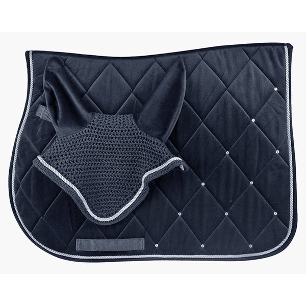 Navy velvet-look quilted saddle pad with small studs, silver piping and ear bonnet