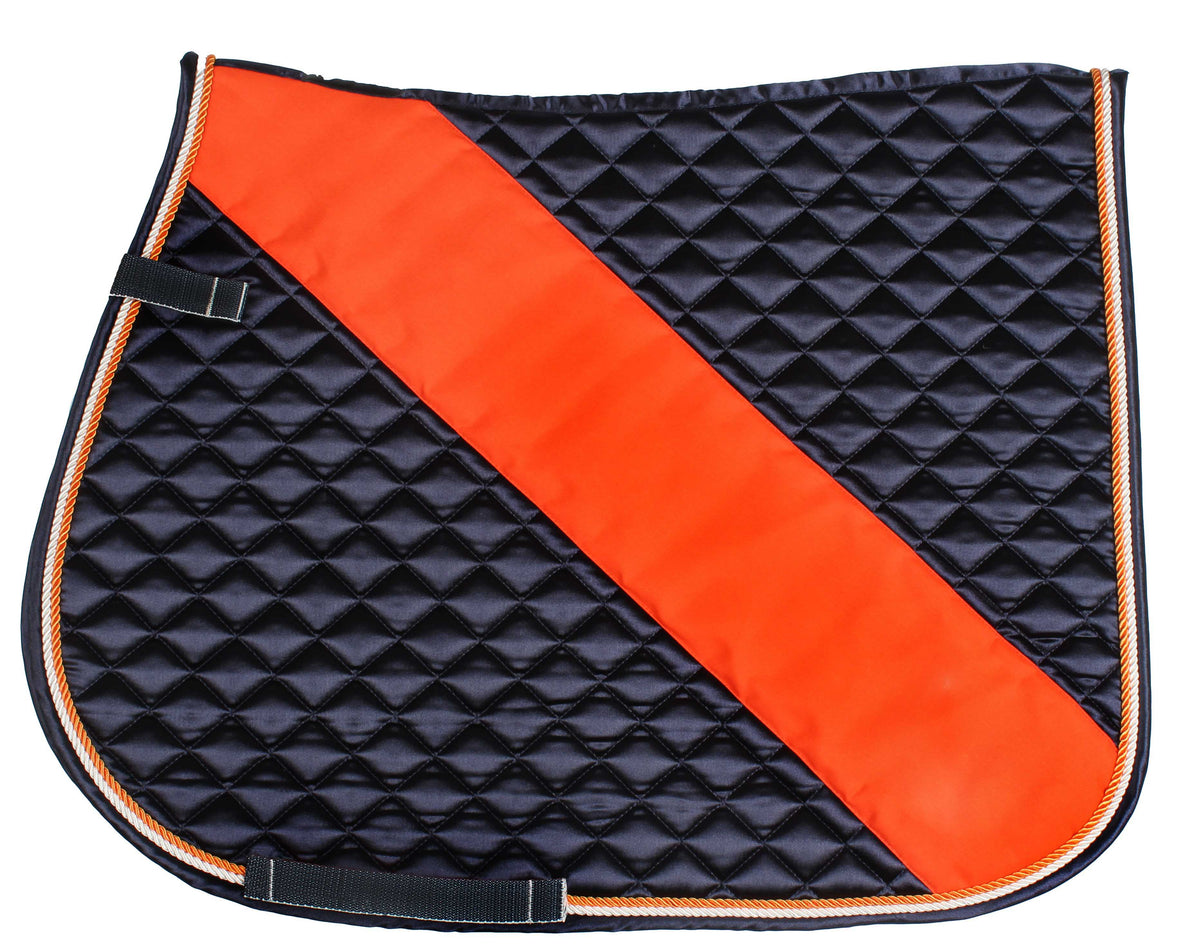Black quilted saddle pad with wide orange diagonal band and orange piping