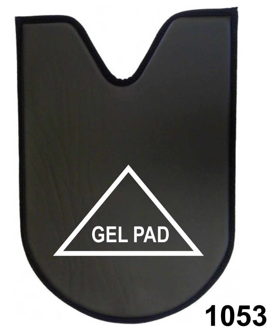 Black pad panel with V-shaped cut-out and white gel pad triangle text