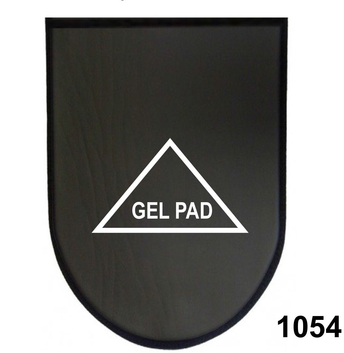 Black rounded-end pad panel with white triangle and gel pad text
