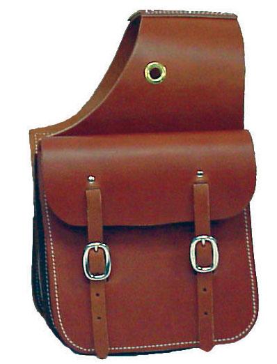 Brown saddle bag with front flap, two silver buckles, top eyelet and pale stitching
