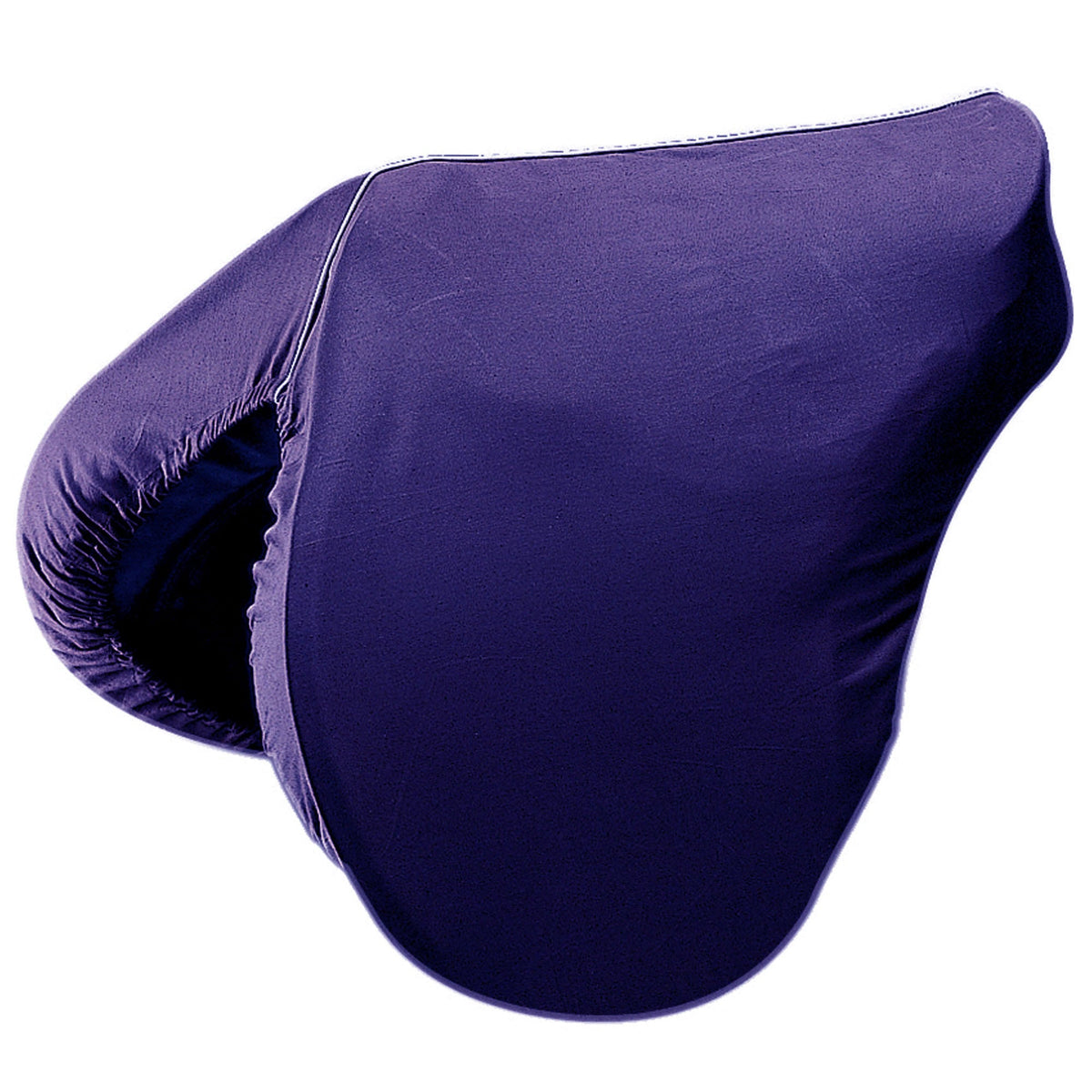 Deep purple-blue fitted saddle cover with pale seam and gathered edge