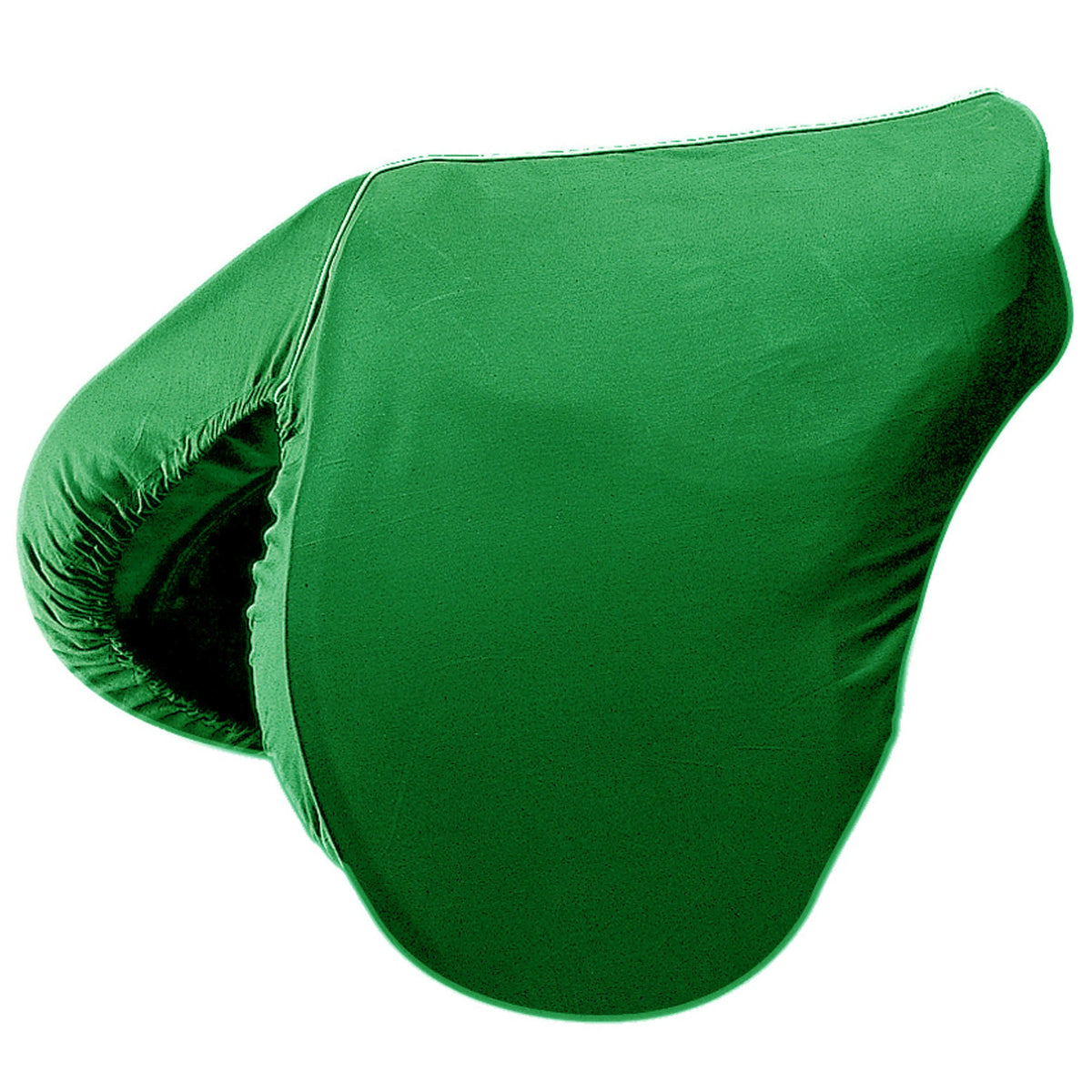 Bright green fitted saddle cover with pale seam and gathered edge
