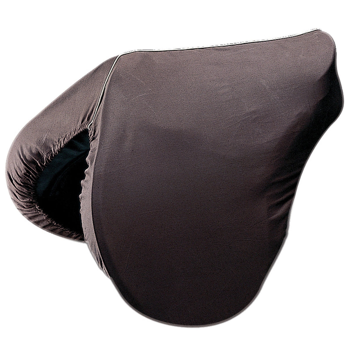 Brown fitted stretch saddle cover with pale piping and gathered edge