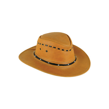 Bright orange hat with black studded band, lacing holes and crown eyelets Main image