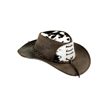 Dark brown hat with black-and-white spotted hide-look side panel and cord lacing Main image