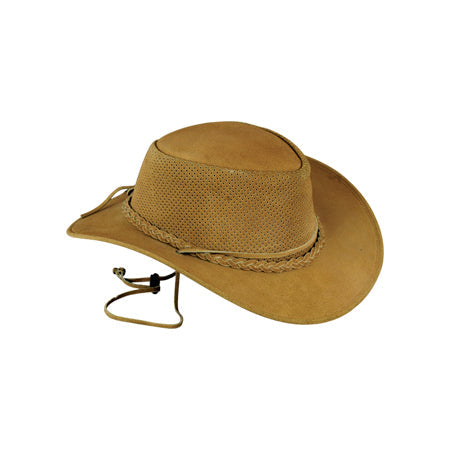 Golden-tan hat with perforated crown, braided band and toggle chin cord Main image