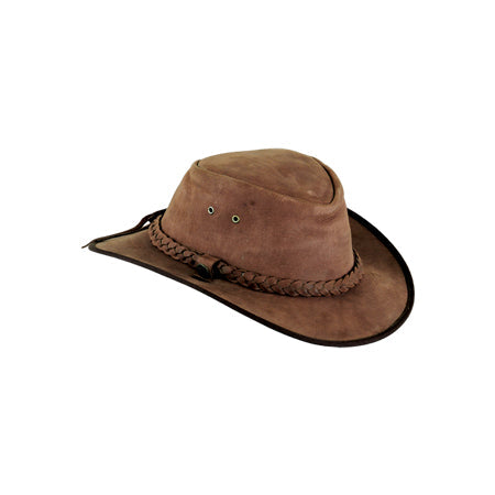 Dusty brown suede-look hat with black brim binding, braided band and thin cord Main image