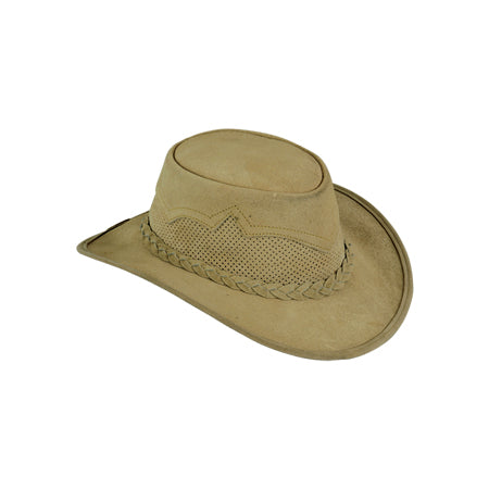 Khaki hat with perforated front panel, shield-shaped overlay and braided band