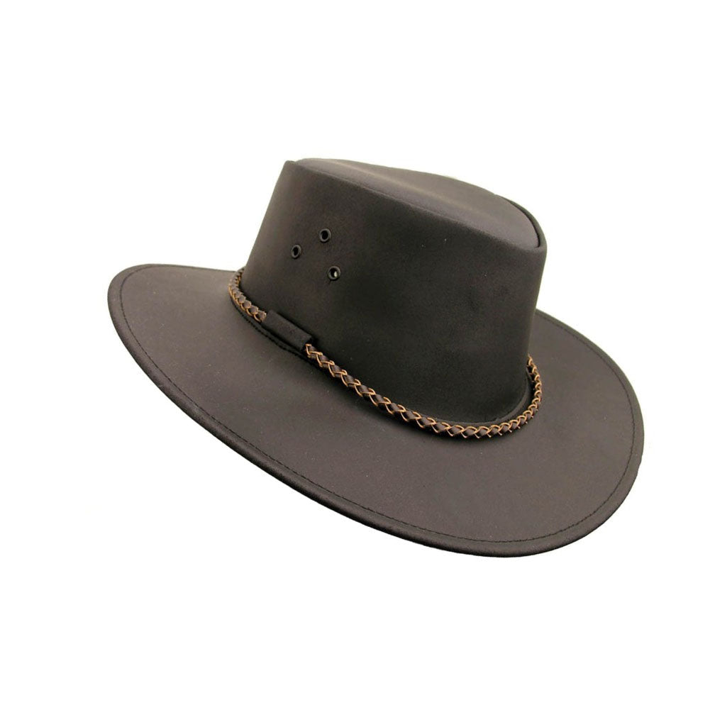 Dark brown wide-brim hat with tan braided band and three side eyelets