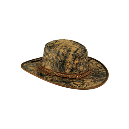 Brown and black mottled print hat with bound brim edge and braided band